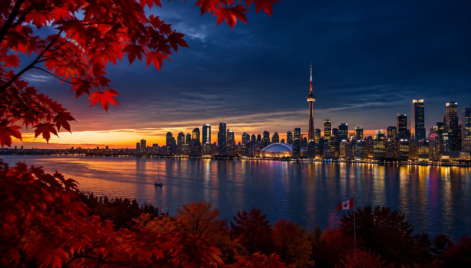 Canadian city skyline at dusk framed by red maple leaves